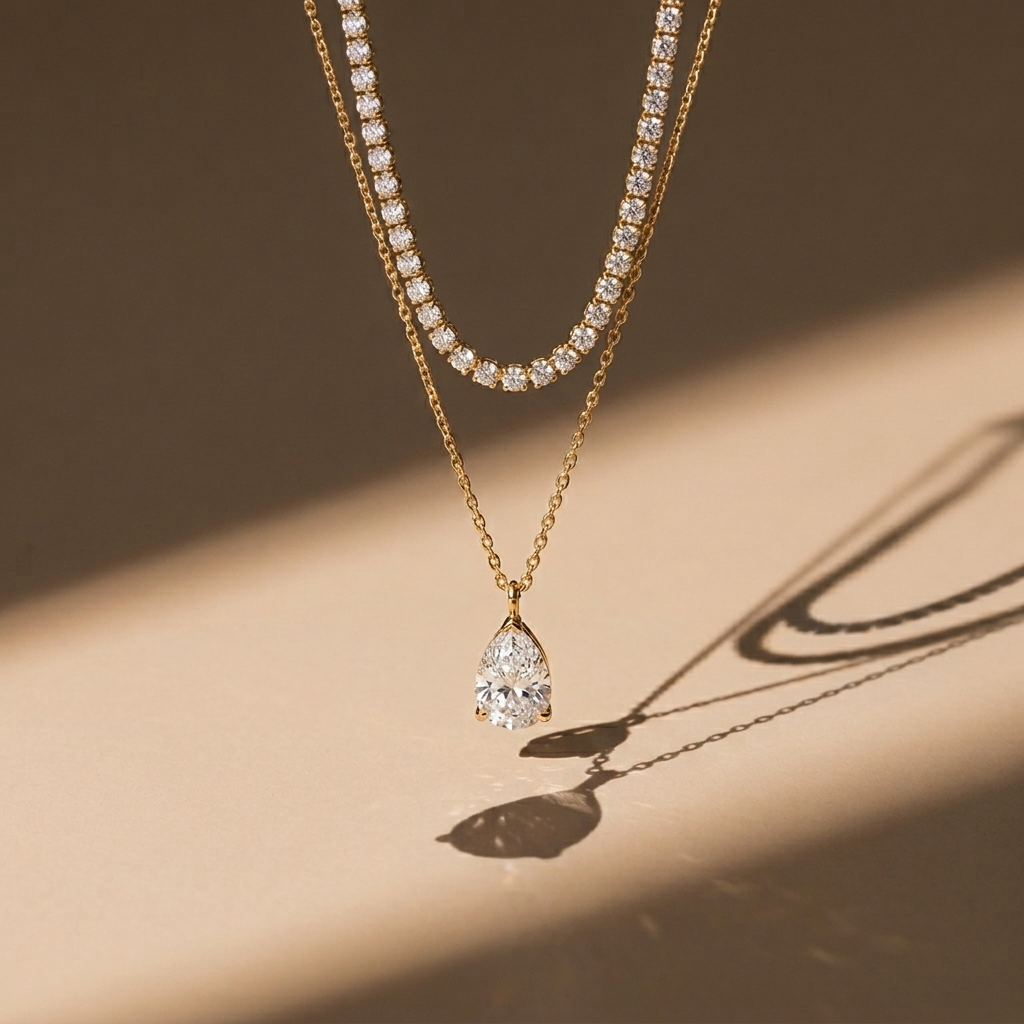 Two gold necklaces with diamond pendants on a beige background