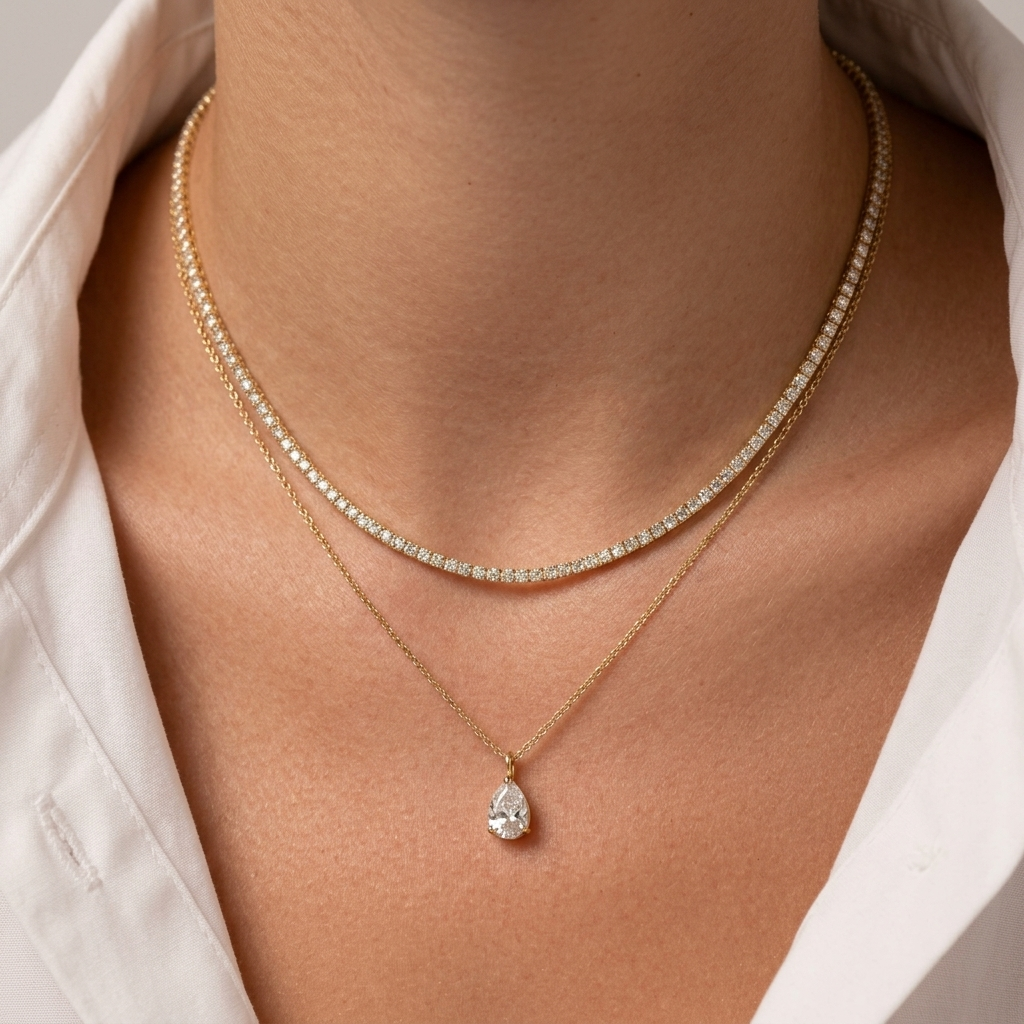 Close-up of a person wearing two gold necklaces with a white shirt.