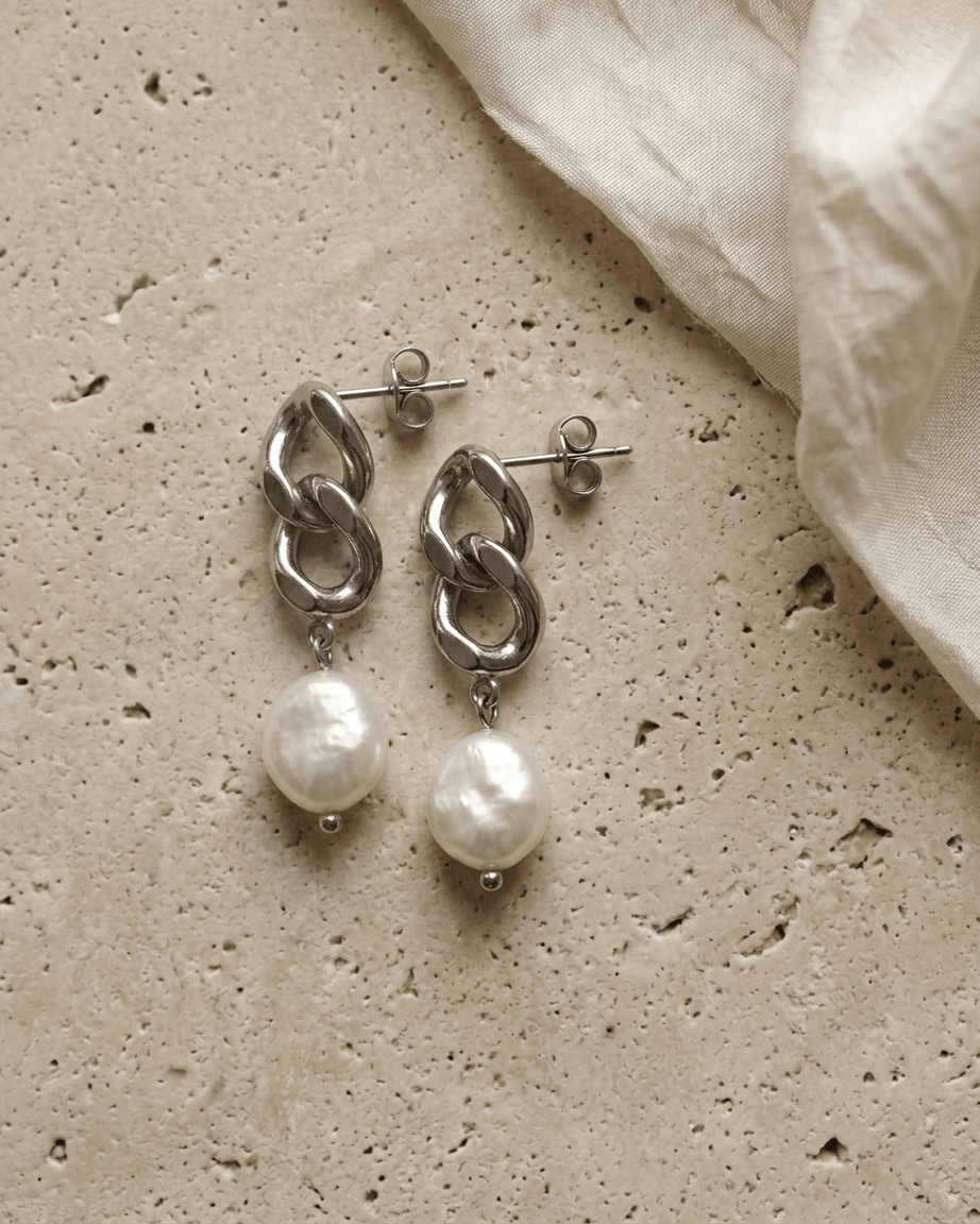 Chunky Link Pearl Earrings - Foramour Jewels - 18K Gold Plated - Sweat, water proof