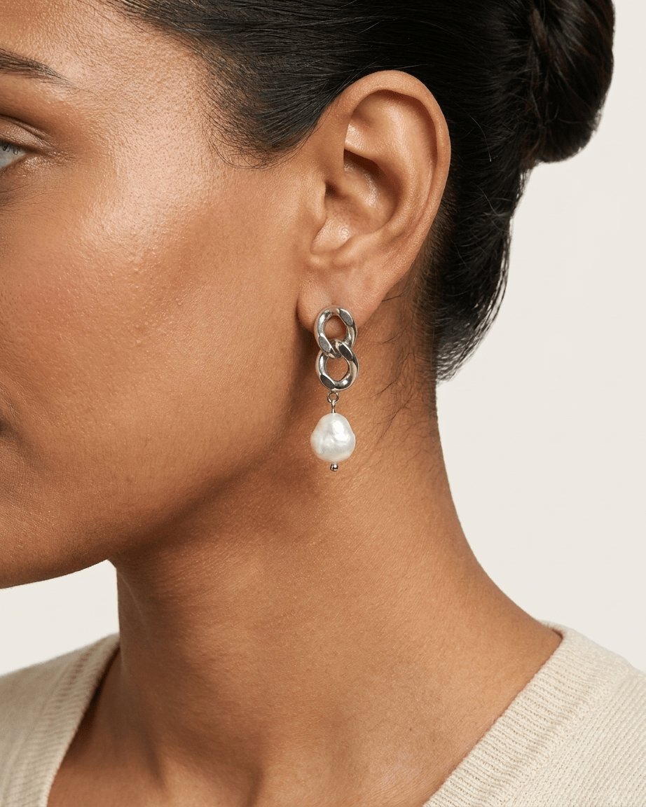 Chunky Link Pearl Earrings - Foramour Jewels - 18K Gold Plated - Sweat, water proof