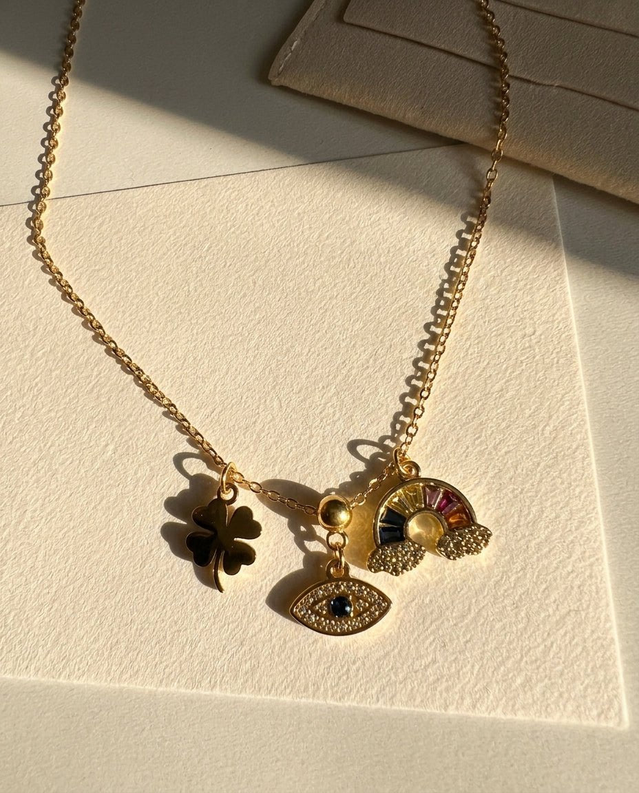 Clover Rainbow Evil Eye Necklace - Foramour Jewels - 18K Gold Plated - Sweat, water proof