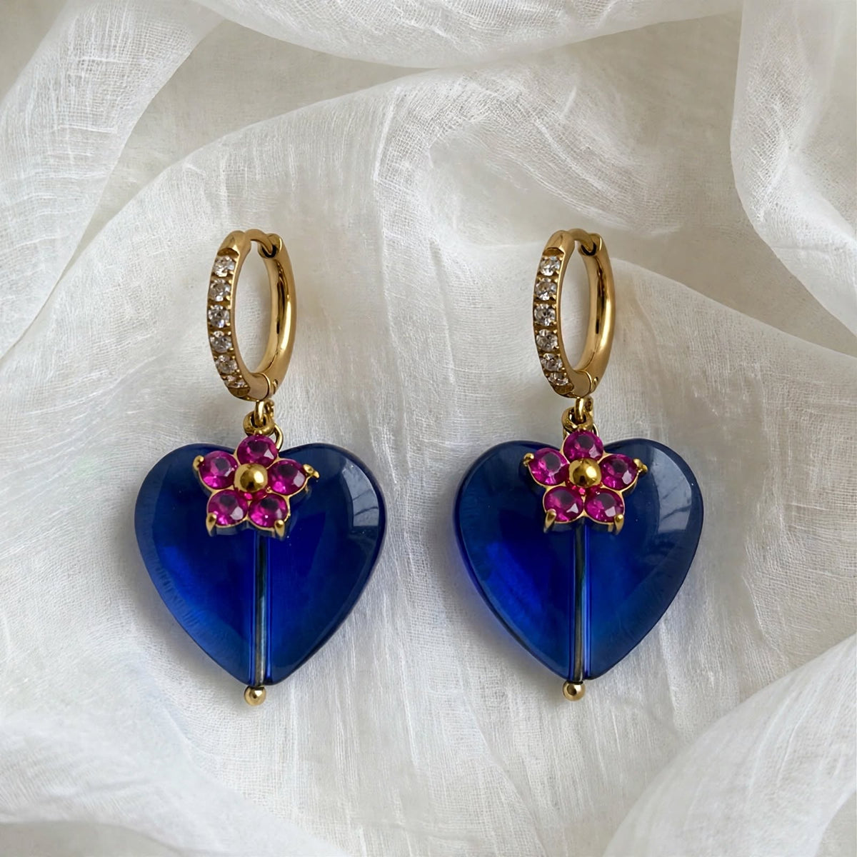 Cobalt Blue Heart & Pink CZ Flower Huggie Drop Earrings - Foramour Jewels - 18K Gold Plated - Sweat, water proof