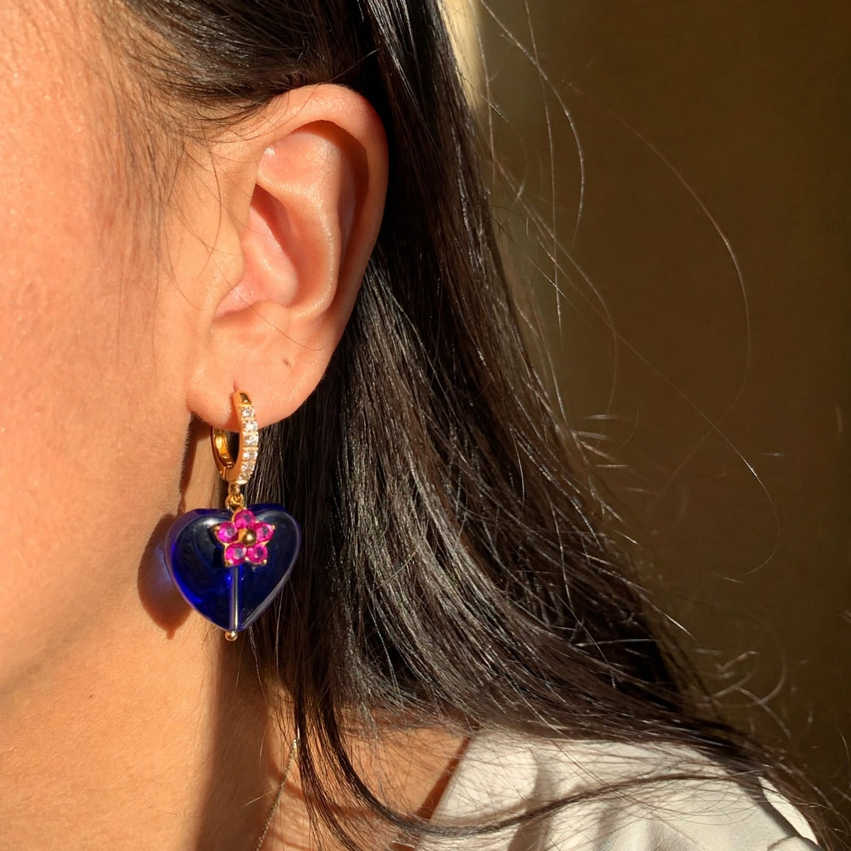 Cobalt Blue Heart & Pink CZ Flower Huggie Drop Earrings - Foramour Jewels - 18K Gold Plated - Sweat, water proof
