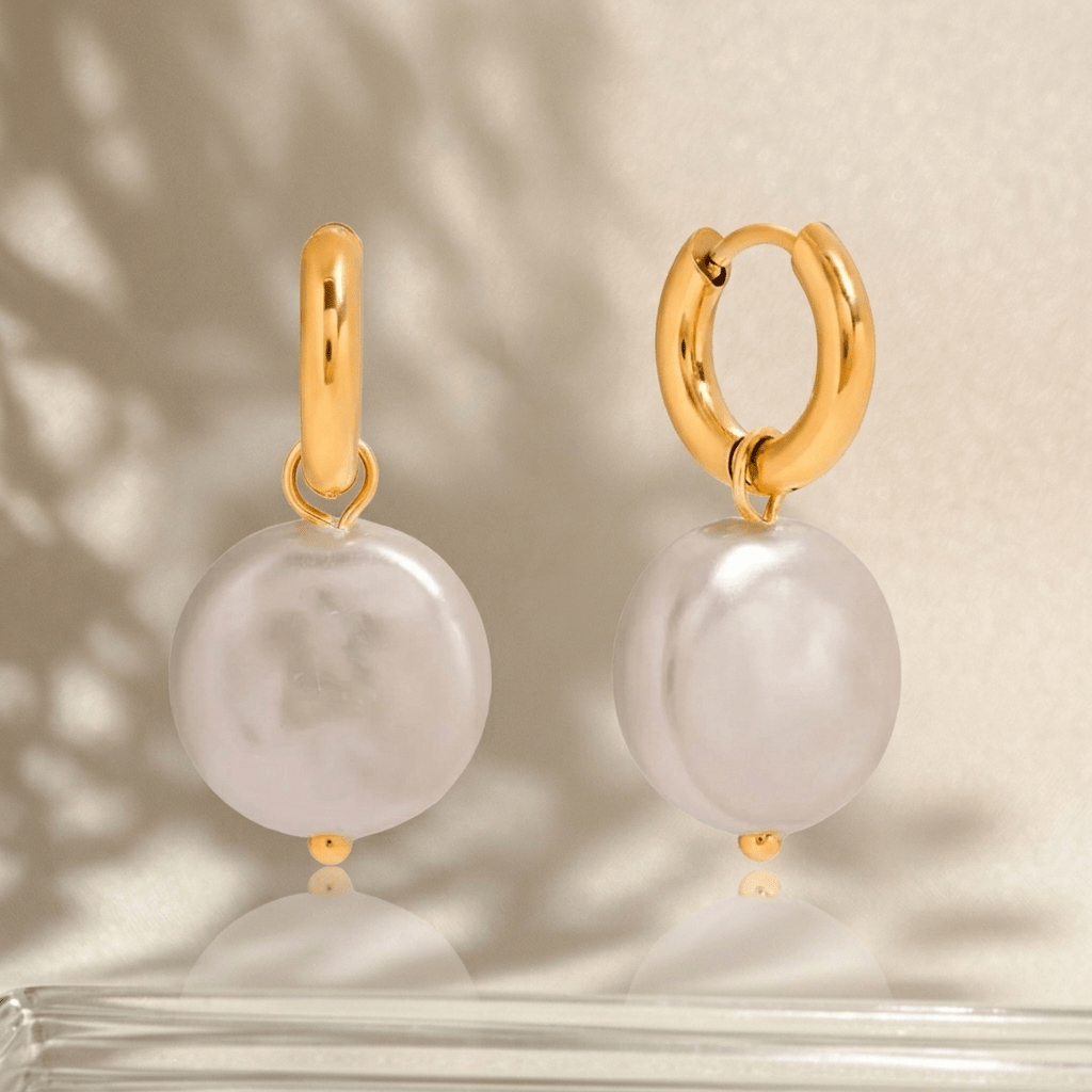 Coin Pearl Drop Huggie Earrings - Foramour Jewels - 18K Gold Plated - Sweat, water proof