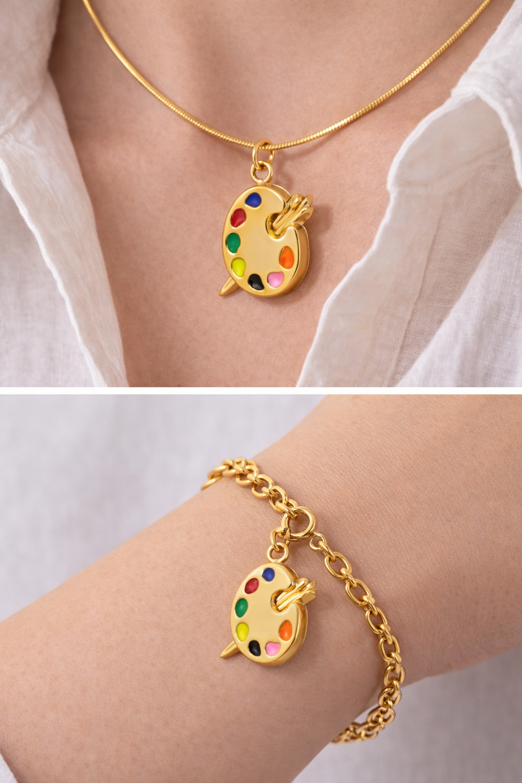 Gold necklace with a colorful palette pendant on a white shirt, followed by a gold bracelet with the same pendant on a wrist.
