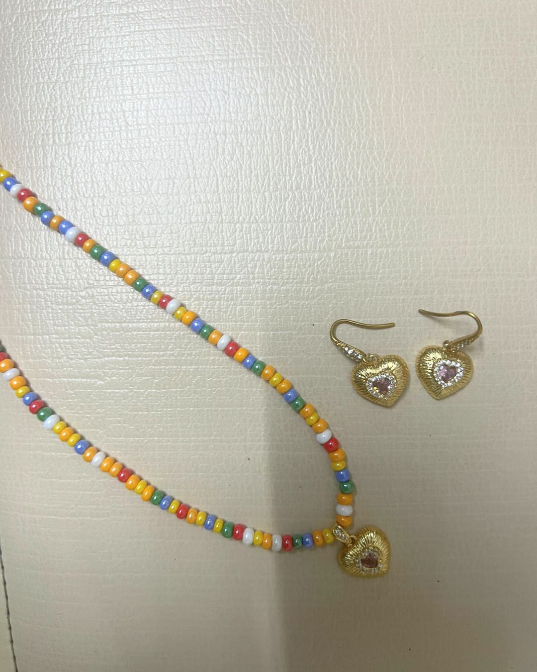 Confetti Pink Crystal Heart Pendant Beaded Necklace Set - Foramour Jewels - 18K Gold Plated - Sweat, water proof