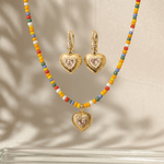 Confetti Pink Crystal Heart Pendant Beaded Necklace Set - Foramour Jewels - 18K Gold Plated - Sweat, water proof