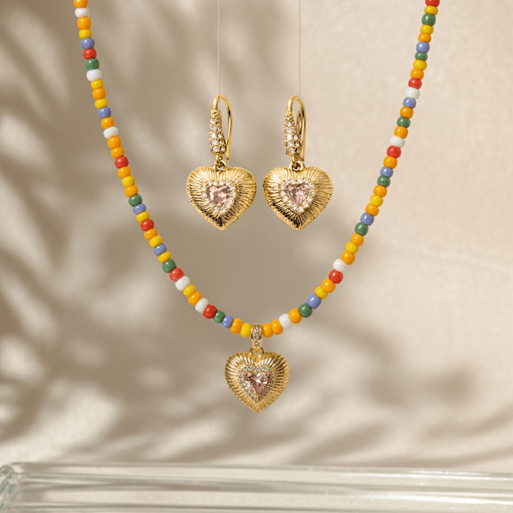 Confetti Pink Crystal Heart Pendant Beaded Necklace Set - Foramour Jewels - 18K Gold Plated - Sweat, water proof