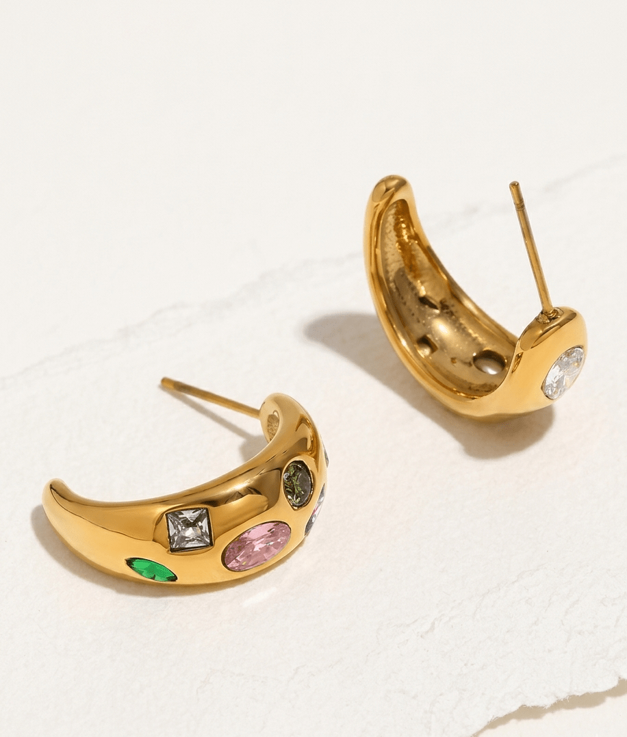 Crescent with Crystals Earrings - Foramour Jewels - 18K Gold Plated - Sweat, water proof