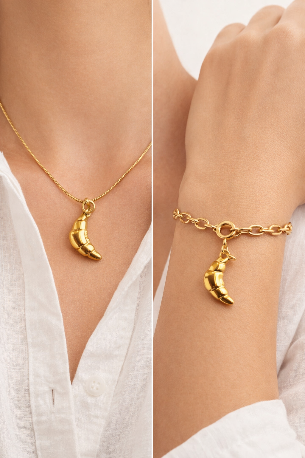 Gold crescent moon necklace and bracelet on a person wearing a white shirt.
