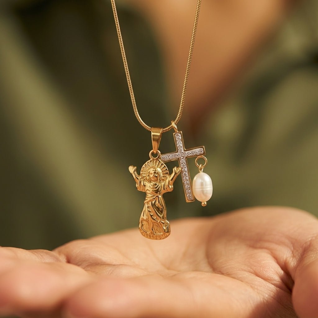 Cross Religious Pearl Necklace - Foramour Jewels - 18K Gold Plated - Sweat, water proof