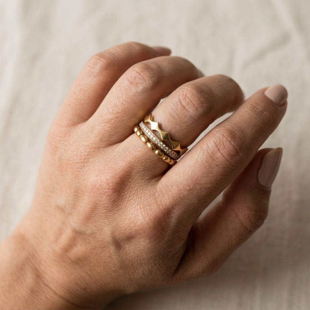 Crown, Bubble & Pavé Set - Ring Stack - Foramour Jewels - 18K Gold Plated - Sweat, water proof