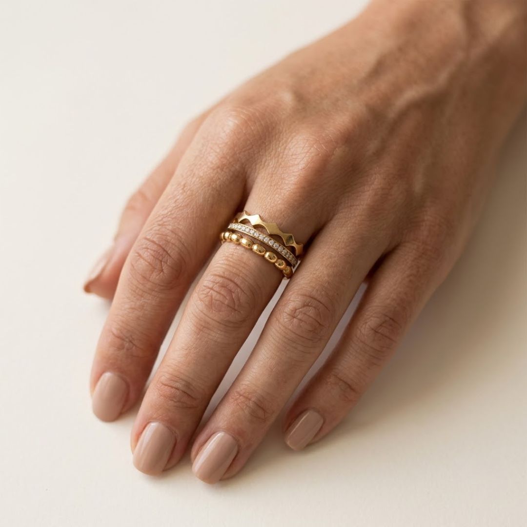 Crown, Bubble & Pavé Set - Ring Stack - Foramour Jewels - 18K Gold Plated - Sweat, water proof