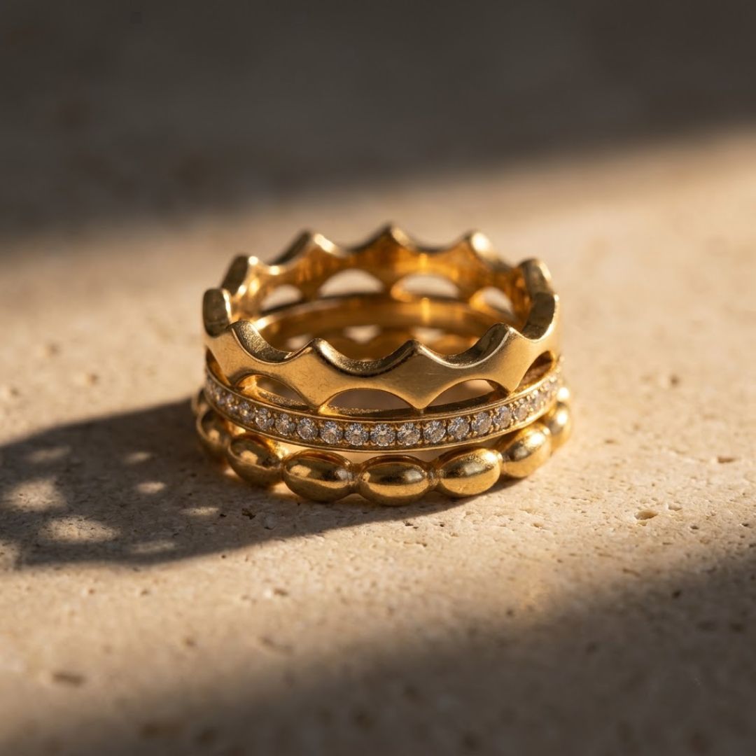 Crown, Bubble & Pavé Set - Ring Stack - Foramour Jewels - 18K Gold Plated - Sweat, water proof