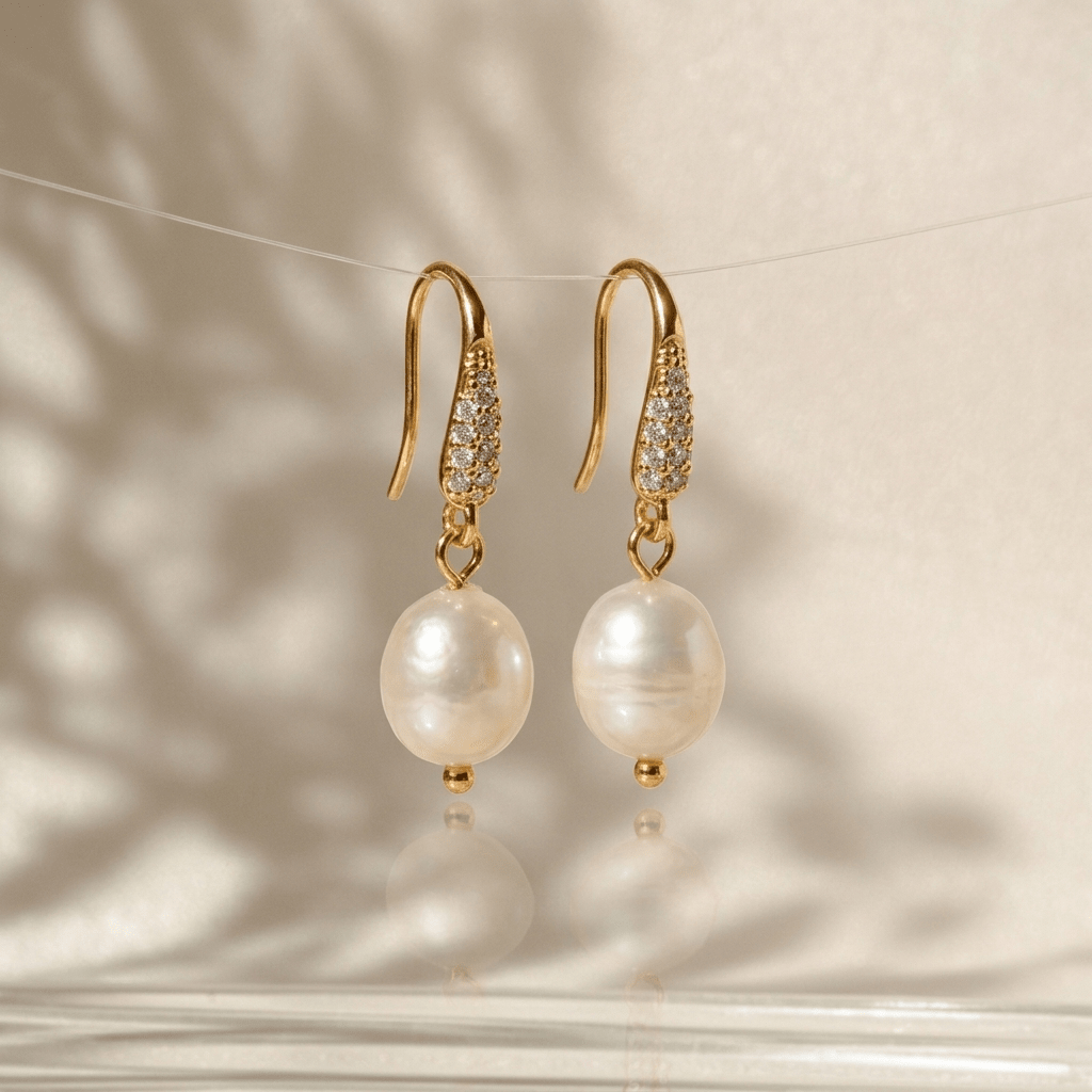 CZ Pearl Fishhook Earrings - Foramour Jewels - 18K Gold Plated - Sweat, water proof