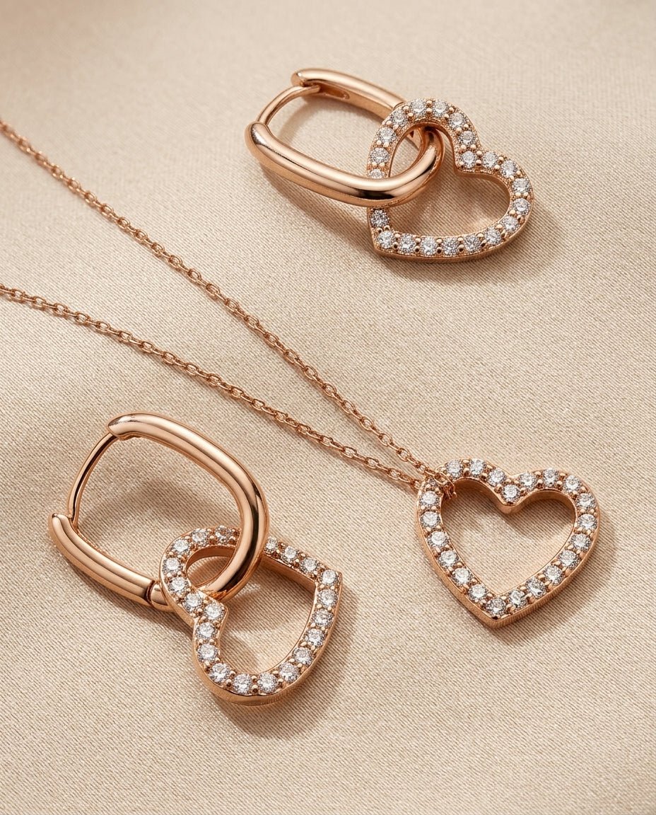 Dangling Heart CZ Set - Foramour Jewels - 18K Gold Plated - Sweat, water proof