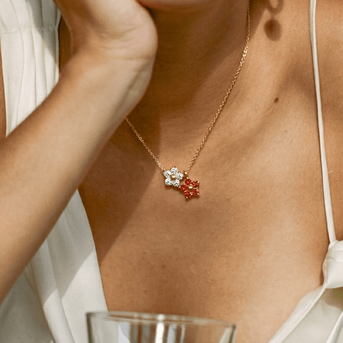 Double Flower Crystal Pendant Necklace - Foramour Jewels - 18K Gold Plated - Sweat, water proof