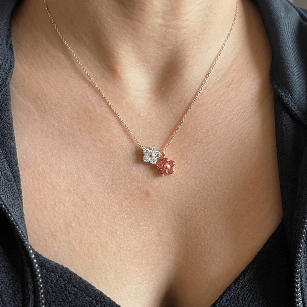 Double Flower Crystal Pendant Necklace - Foramour Jewels - 18K Gold Plated - Sweat, water proof