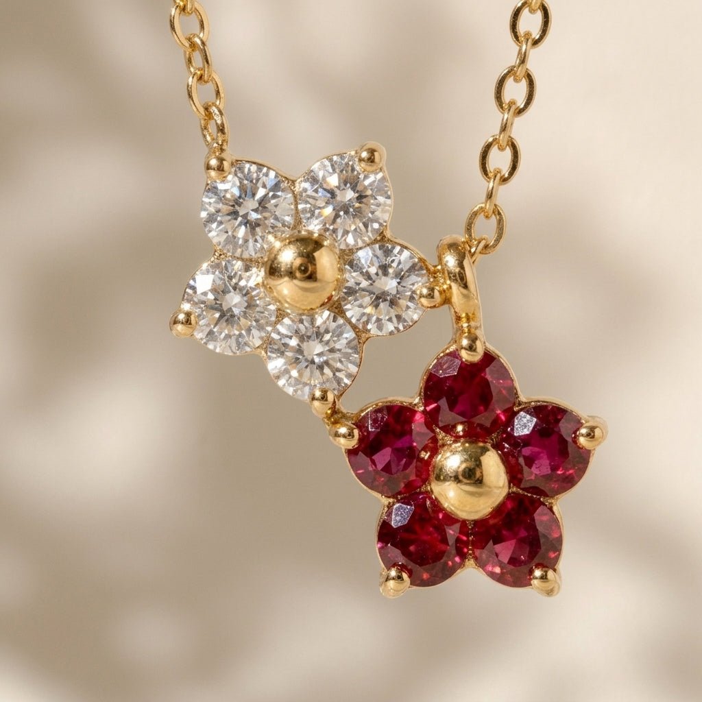Double Flower Crystal Pendant Necklace - Foramour Jewels - 18K Gold Plated - Sweat, water proof