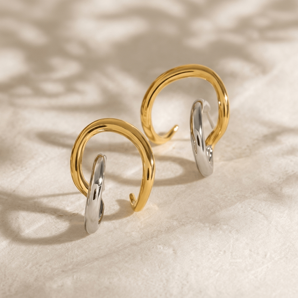 Dual Tone Wavy Earrings - Foramour Jewels - 18K Gold Plated - Sweat, water proof