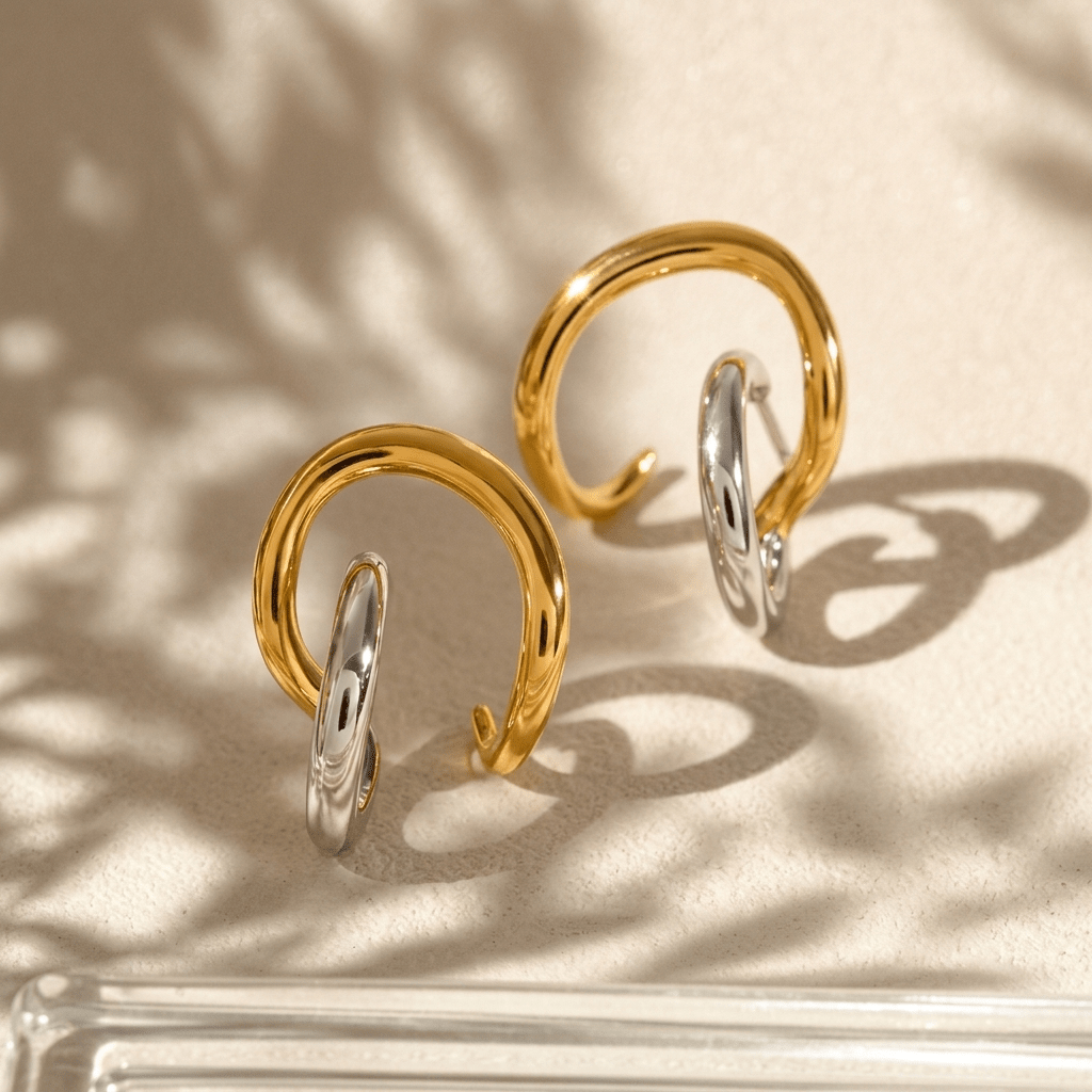 Dual Tone Wavy Earrings - Foramour Jewels - 18K Gold Plated - Sweat, water proof