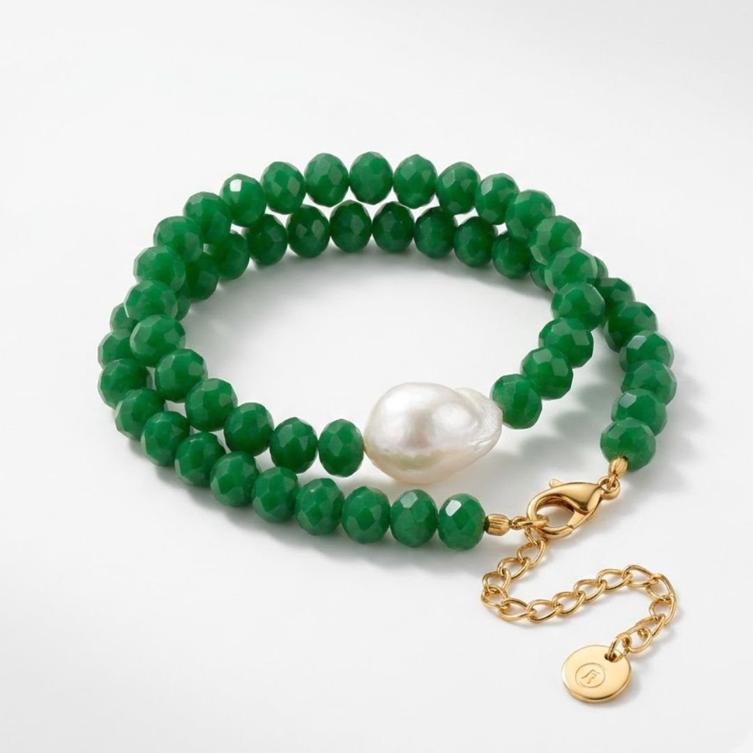Emerald Green Crystal Pearl Necklace - Foramour Jewels - 18K Gold Plated - Sweat, water proof