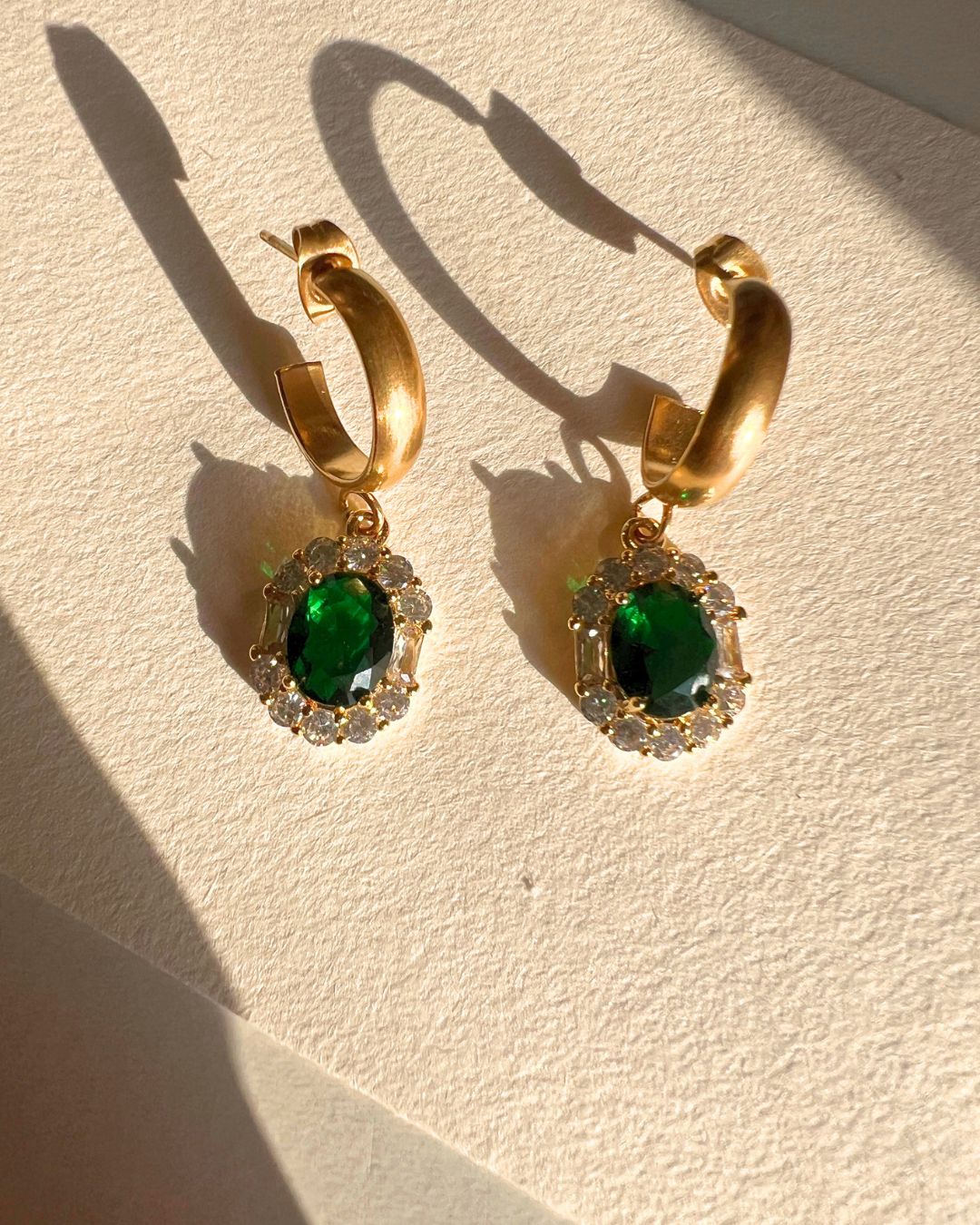 Emerald Zircon Halo Earrings - Foramour Jewels - 18K Gold Plated - Sweat, water proof