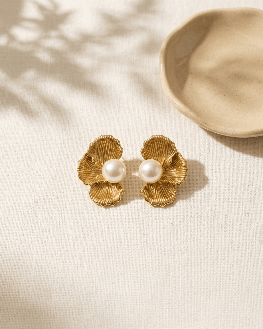 Floral Pearl Petal Earrings - Foramour Jewels - 18K Gold Plated - Sweat, water proof