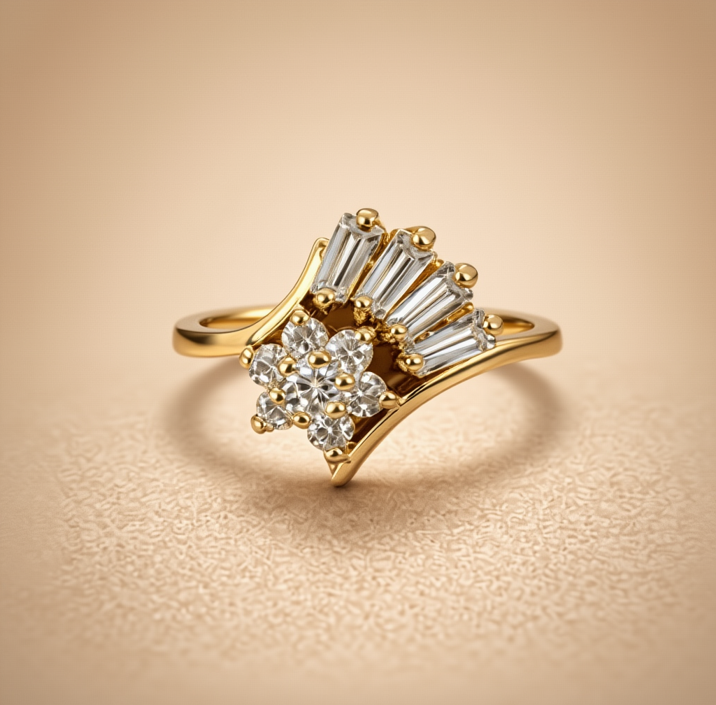 Gold ring with diamond accents on a beige background