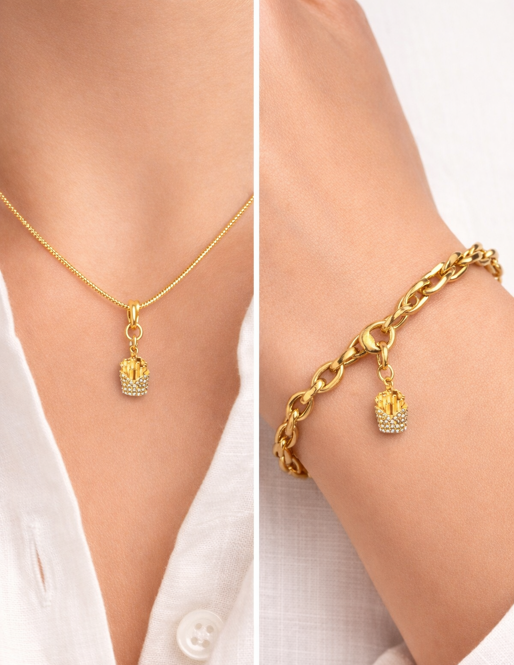 Gold necklace and bracelet with a small french fries pendant on a white shirt background