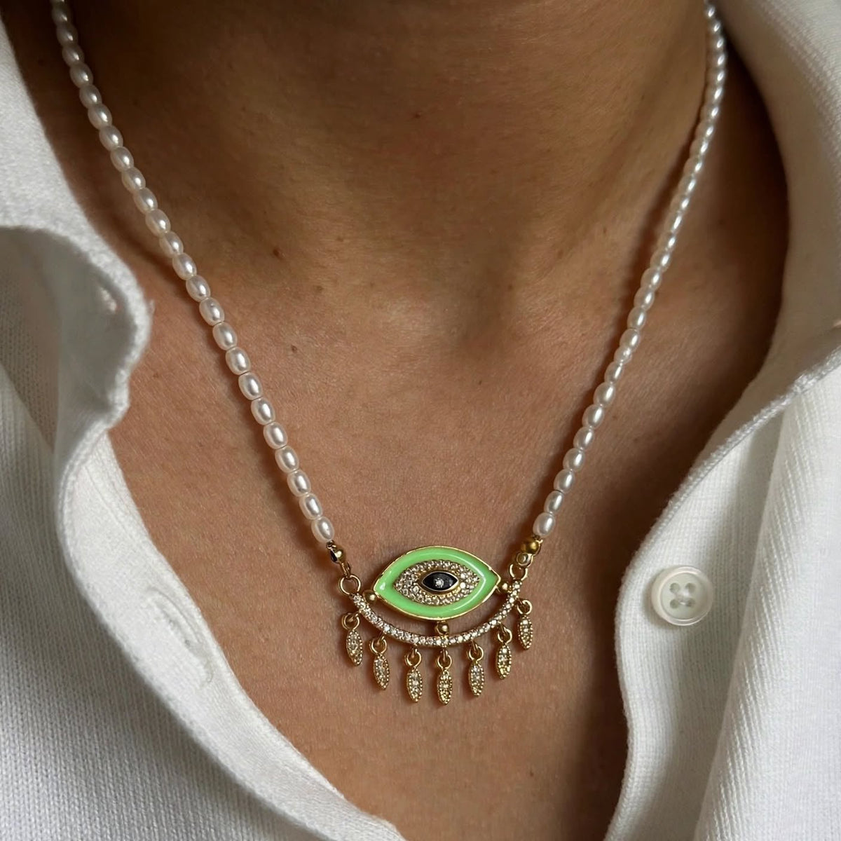 Freshwater Pearl & Green Enamel Evil Eye Fringe Necklace - Foramour Jewels - 18K Gold Plated - Sweat, water proof