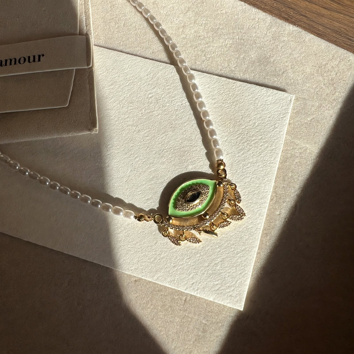 Freshwater Pearl & Green Enamel Evil Eye Fringe Necklace - Foramour Jewels - 18K Gold Plated - Sweat, water proof