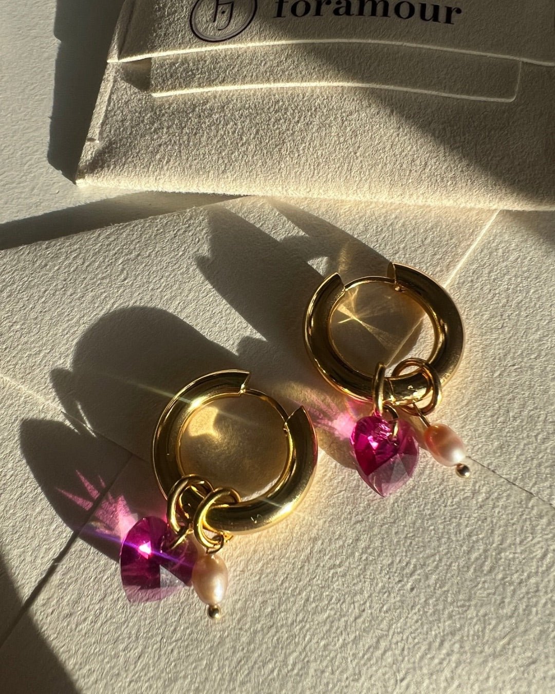 Fuchsia Crystal Heart Earrings - Foramour Jewels - 18K Gold Plated - Sweat, water proof
