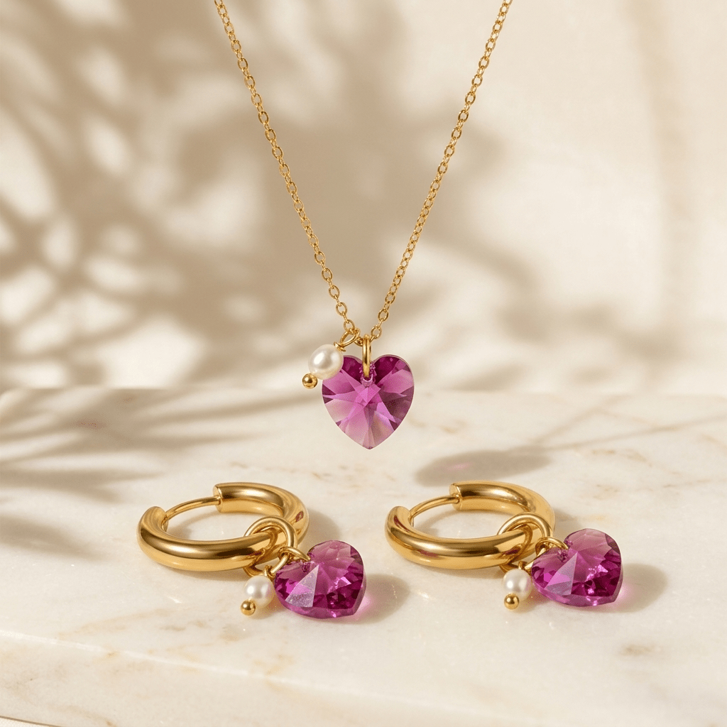 Fuchsia Crystal Heart Necklace and Earrings set - Foramour Jewels - 18K Gold Plated - Sweat, water proof