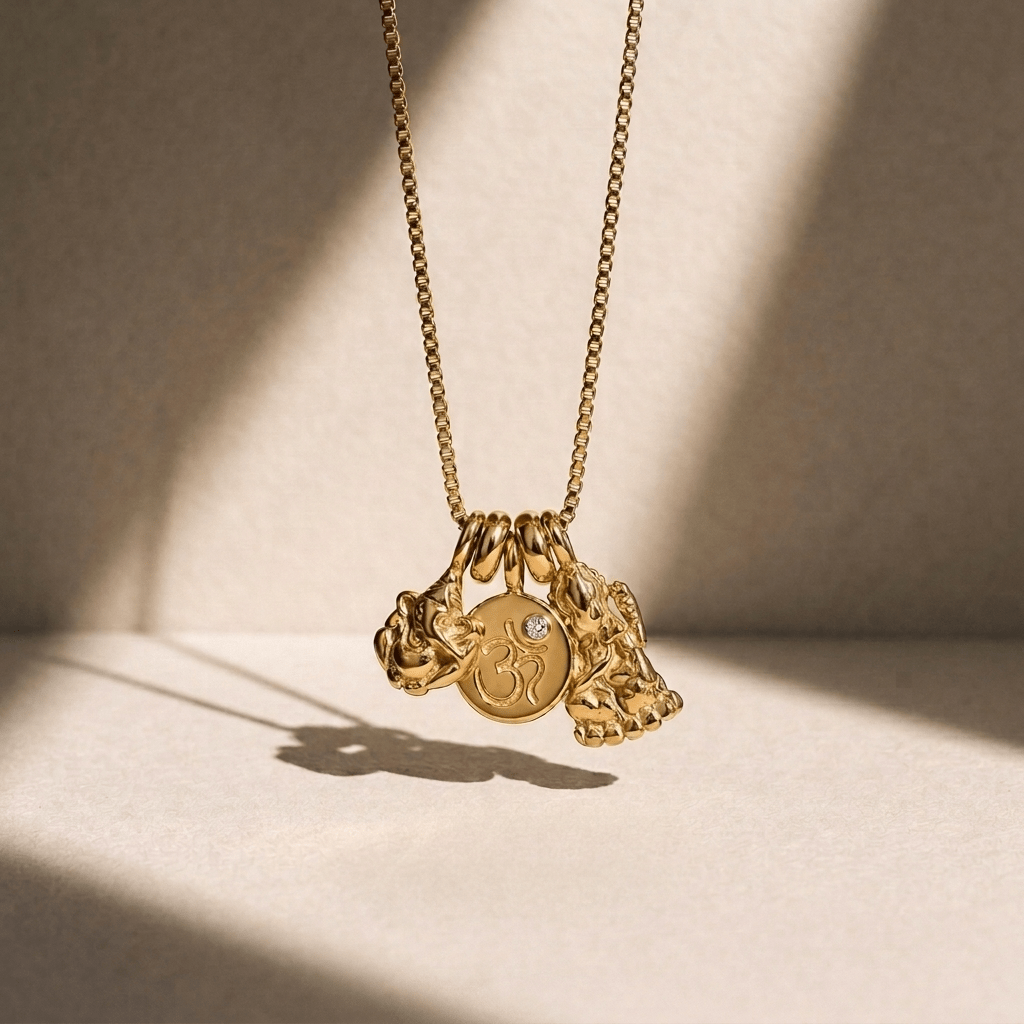 Ganesha, Om & Goddess Charm Cluster Necklace - Foramour Jewels - 18K Gold Plated - Sweat, water proof