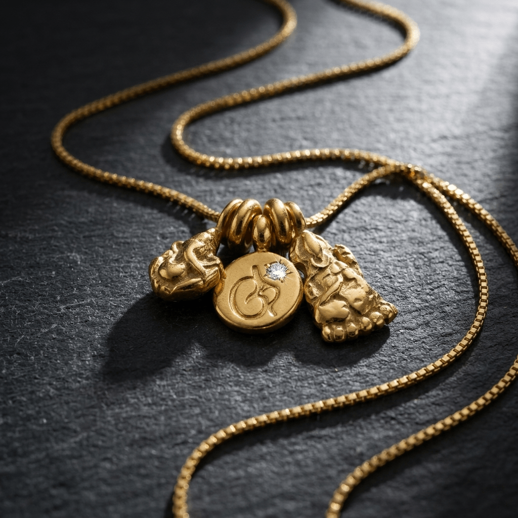 Ganesha, Om & Goddess Charm Cluster Necklace - Foramour Jewels - 18K Gold Plated - Sweat, water proof
