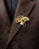 Ginkgo Leaf Pearl - Brooch | Lapel Pin - Foramour Jewels - 18K Gold Plated - Sweat, water proof