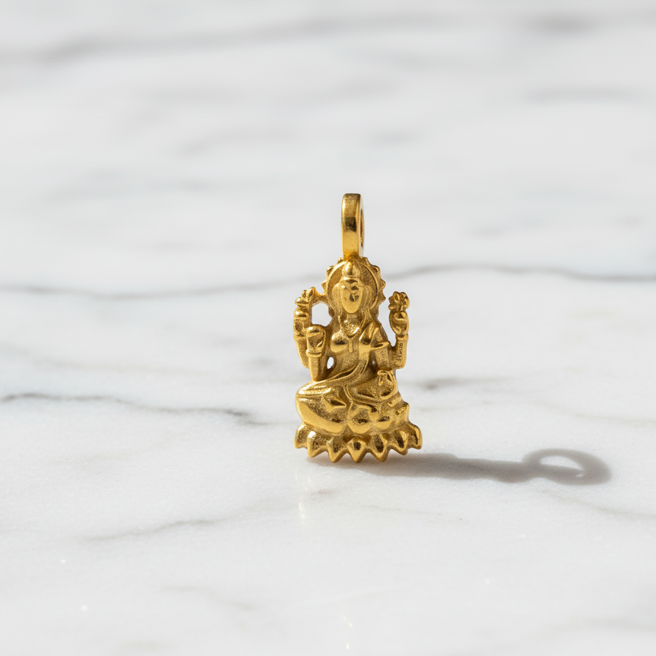Gold pendant of a seated figure on a marble surface