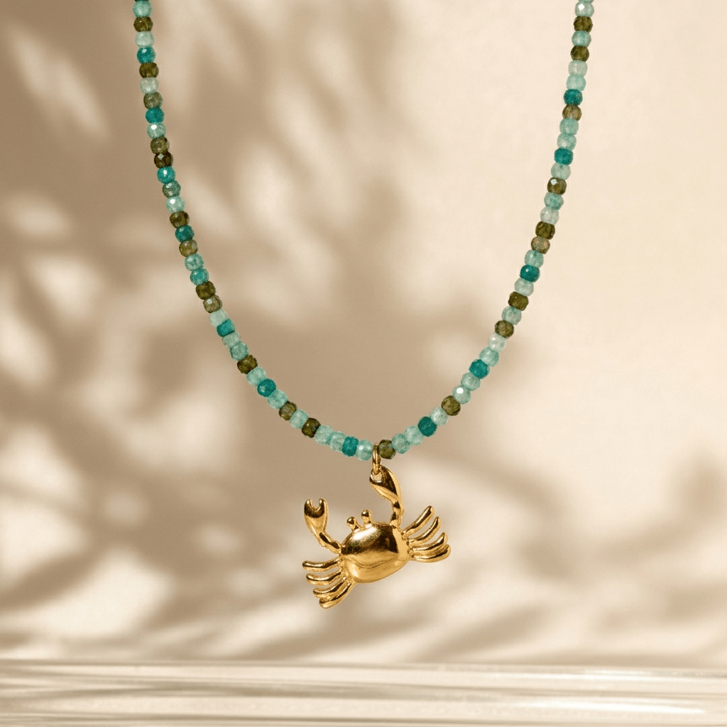 Gold Crab Charm Necklace with Beaded Zircons - Foramour Jewels - 18K Gold Plated - Sweat, water proof