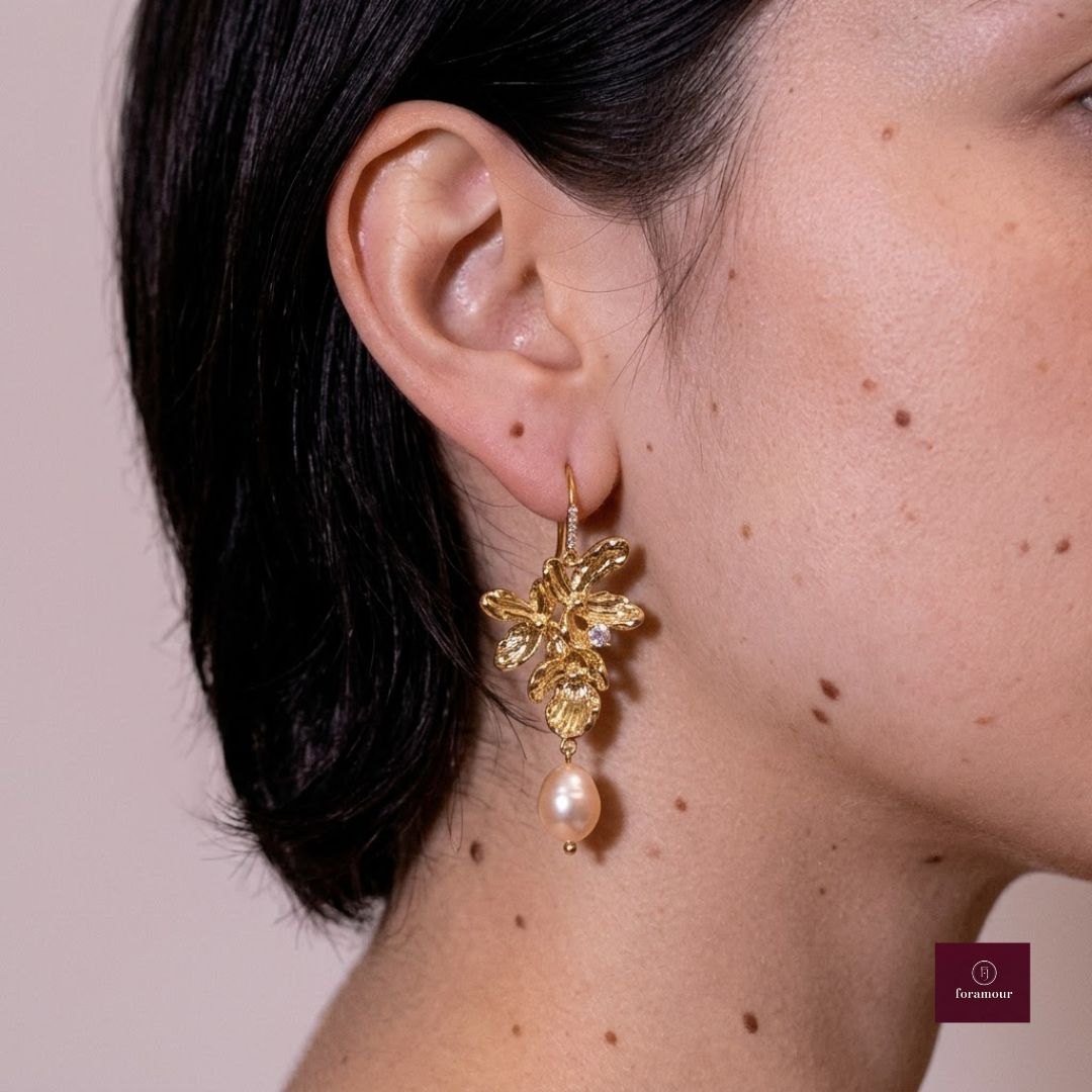 Gold Floral Pearl Drop Earrings - Foramour Jewels - 18K Gold Plated - Sweat, water proof