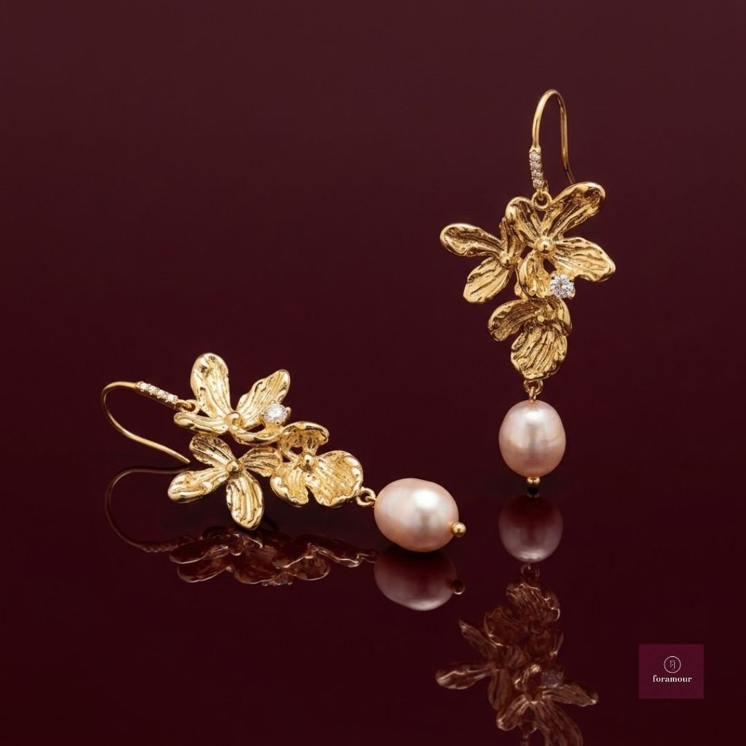 Gold Floral Pearl Drop Earrings - Foramour Jewels - 18K Gold Plated - Sweat, water proof