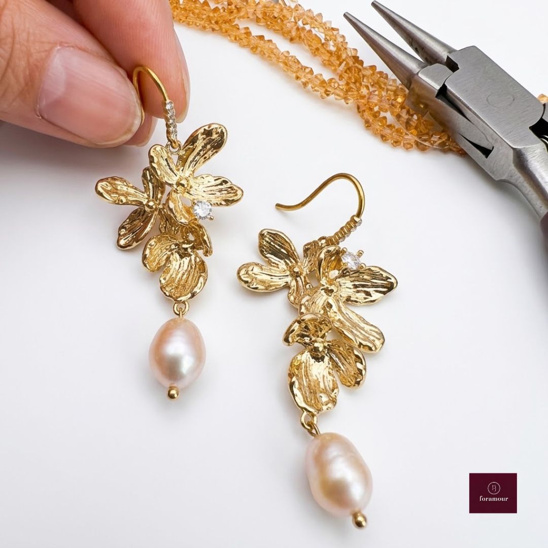 Gold Floral Pearl Drop Earrings - Foramour Jewels - 18K Gold Plated - Sweat, water proof
