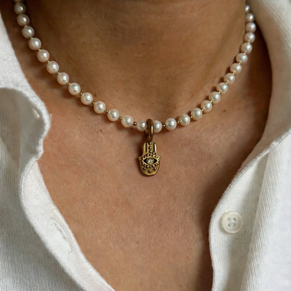 Hamsa Hand & Evil Eye Pearl Pendant Necklace - Foramour Jewels - Gold PVD designer jewellery & charms