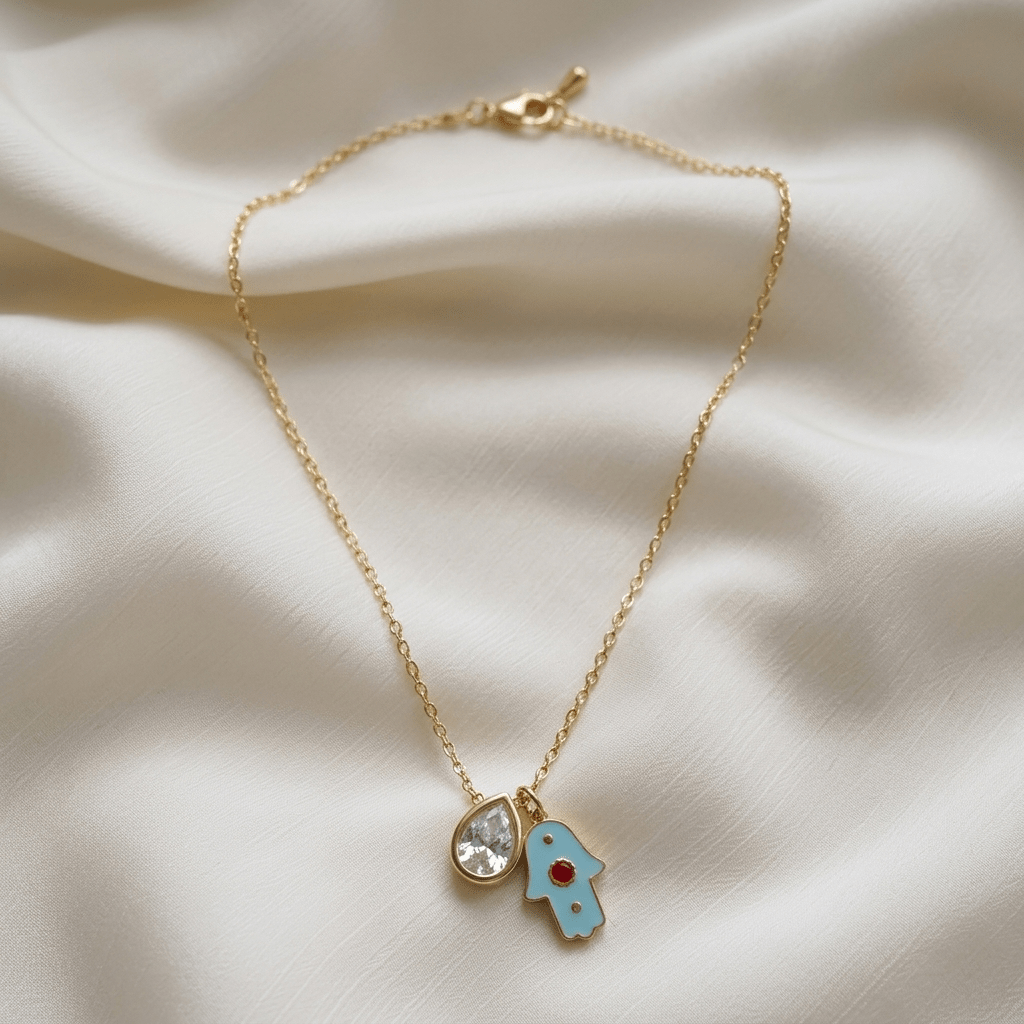 Hamsa Pear CZ Necklace - Foramour Jewels - 18K Gold Plated - Sweat, water proof