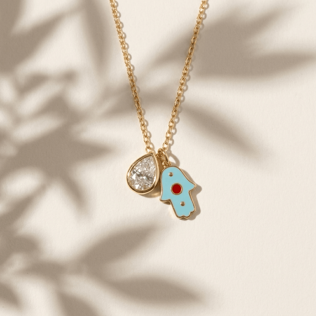 Hamsa Pear CZ Necklace - Foramour Jewels - 18K Gold Plated - Sweat, water proof