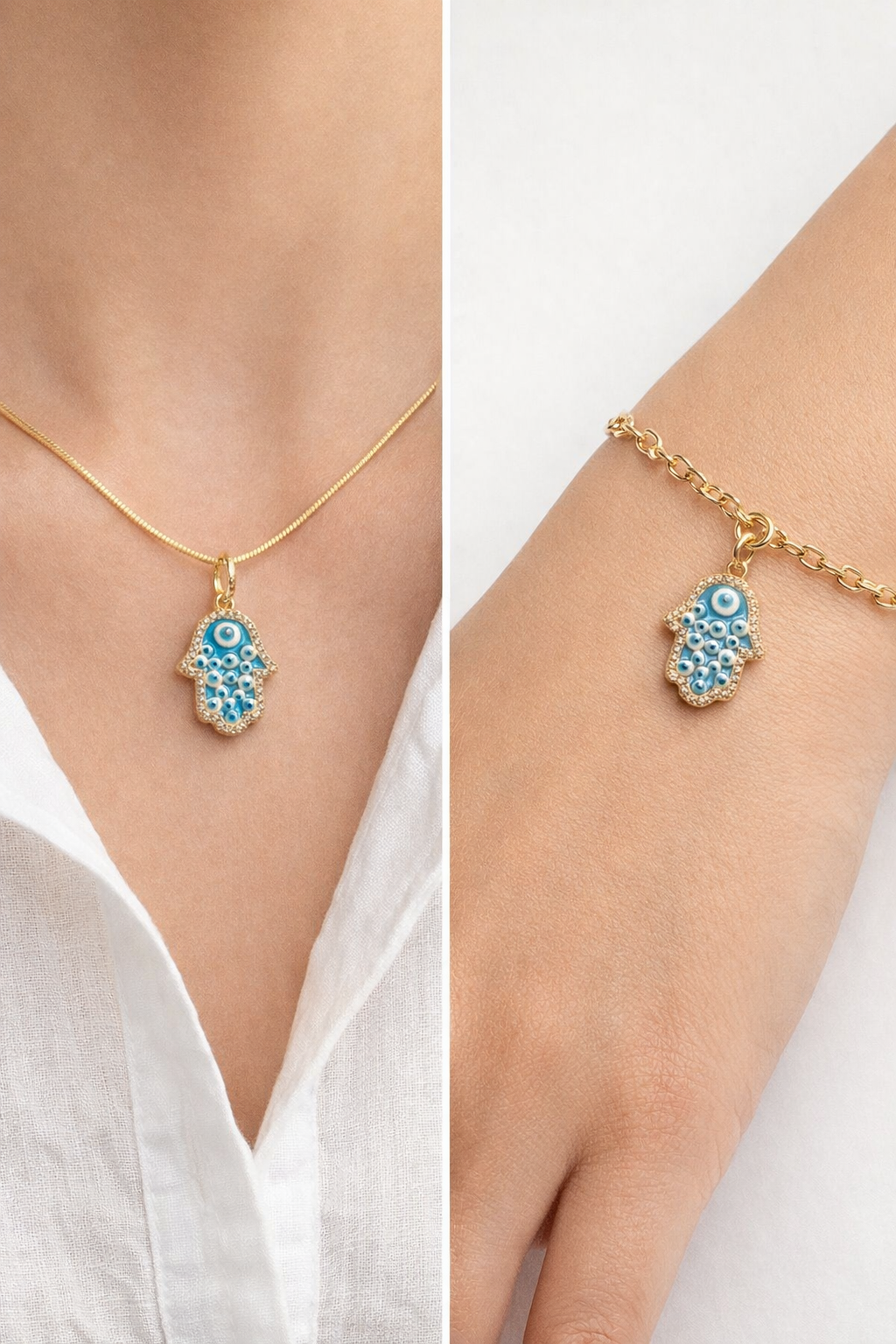 Gold necklace and bracelet with blue gemstones worn on a white background
