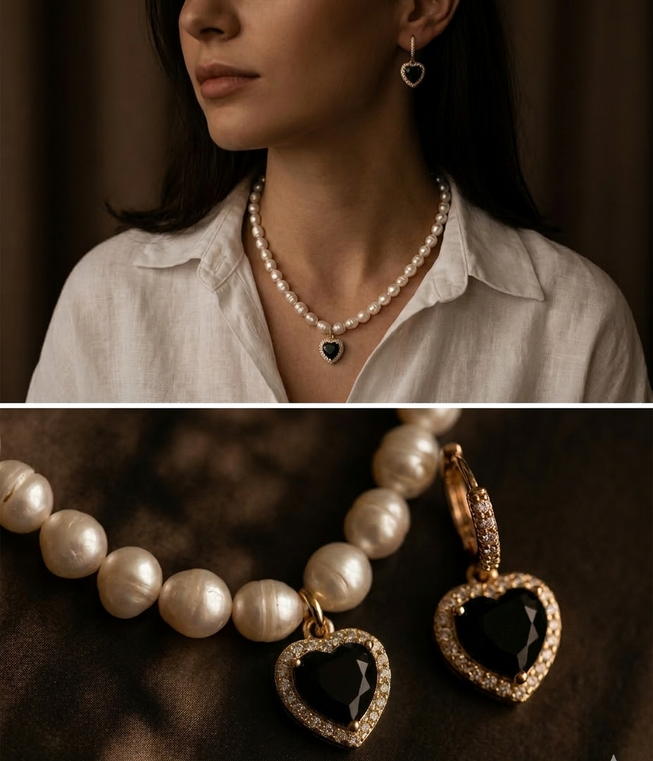 Woman wearing pearl necklace and heart-shaped earrings with black stones, close-up of jewelry on a dark background.