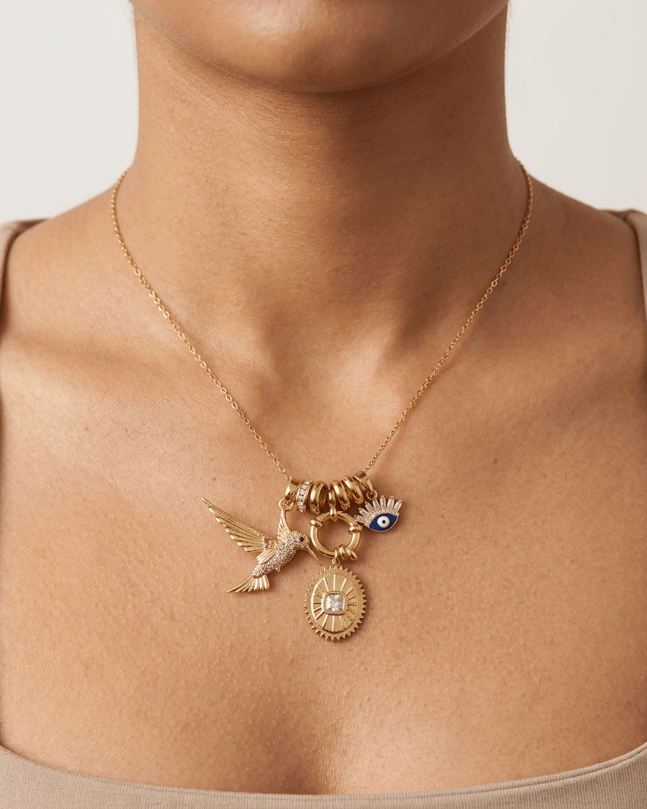 Hummingbird & Evil Eye Charm Necklace - Foramour Jewels - 18K Gold Plated - Sweat, water proof