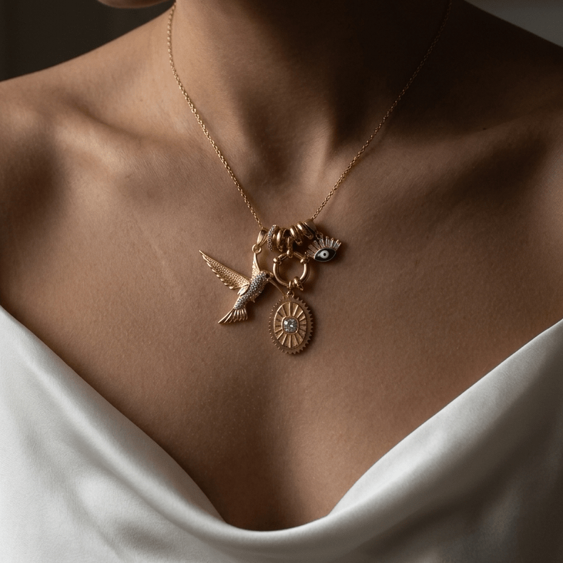 Hummingbird & Evil Eye Charm Necklace - Foramour Jewels - 18K Gold Plated - Sweat, water proof