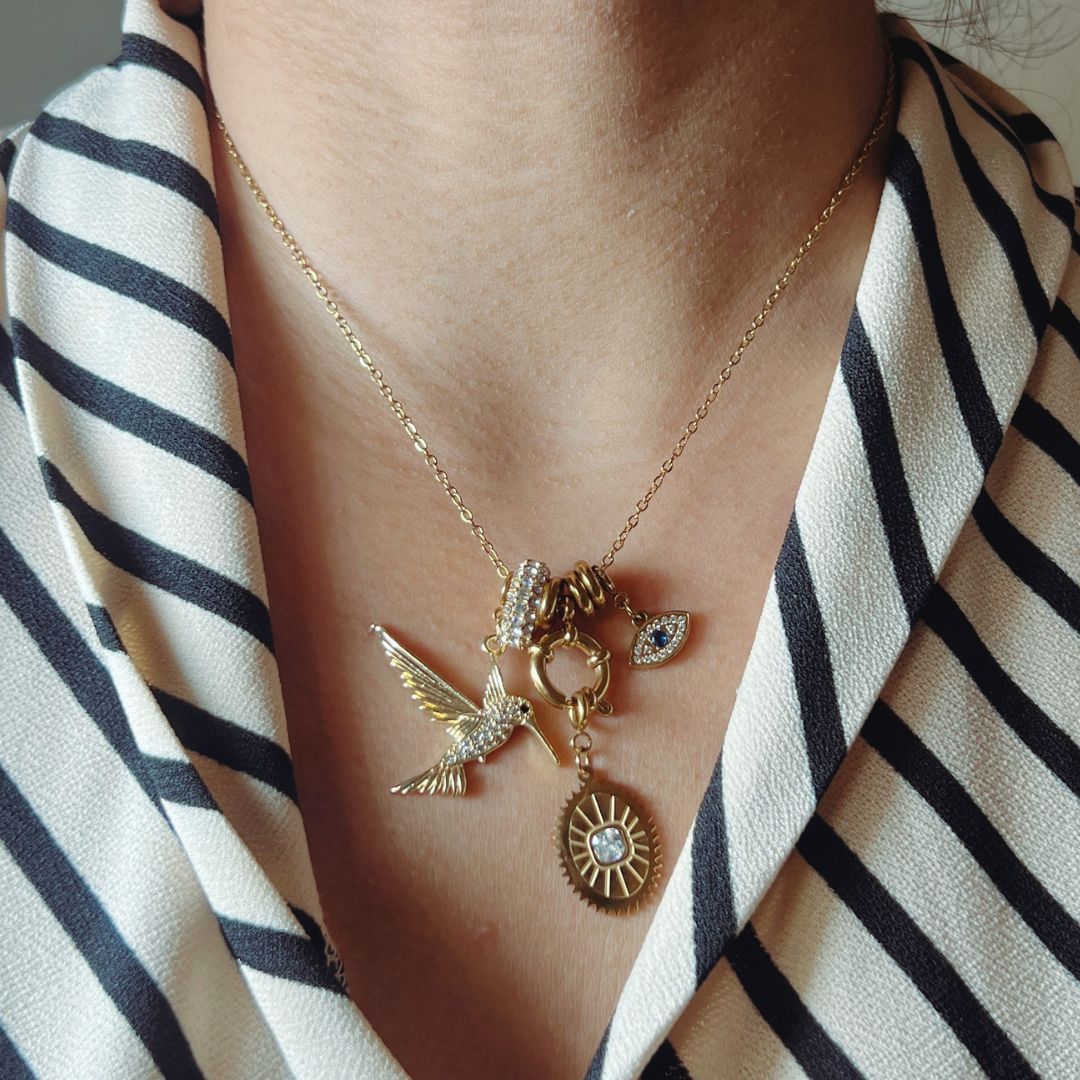 Hummingbird & Evil Eye Charm Necklace - Foramour Jewels - 18K Gold Plated - Sweat, water proof